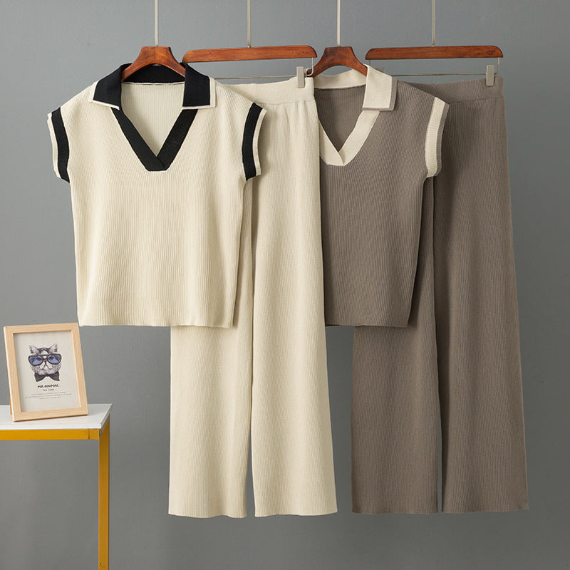 Conjunto Dos Piezas Top de Punto Sin Mangas Holgado y Pantalón Pierna Ancha Ajustado Viscosa Mujer Negro Camel Caqui Albaricoque Verde Claro