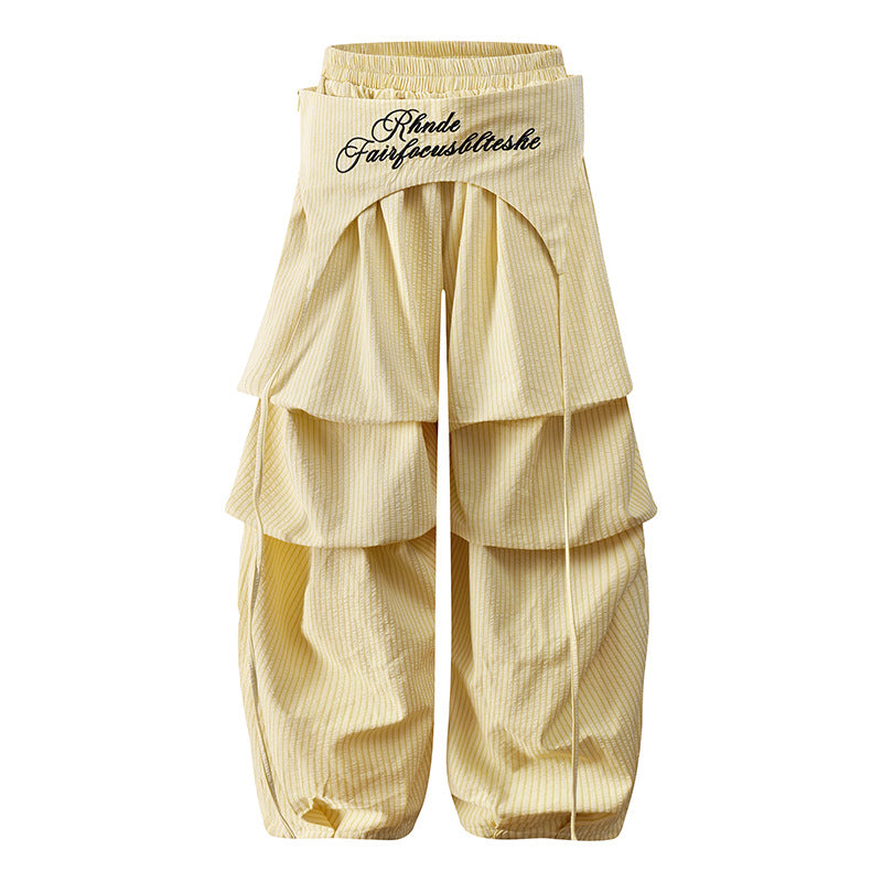 Pantalón Largo Recto Pierna Ancha Dobladillo Plisado Flecos Letras Cuadros Hip Hop