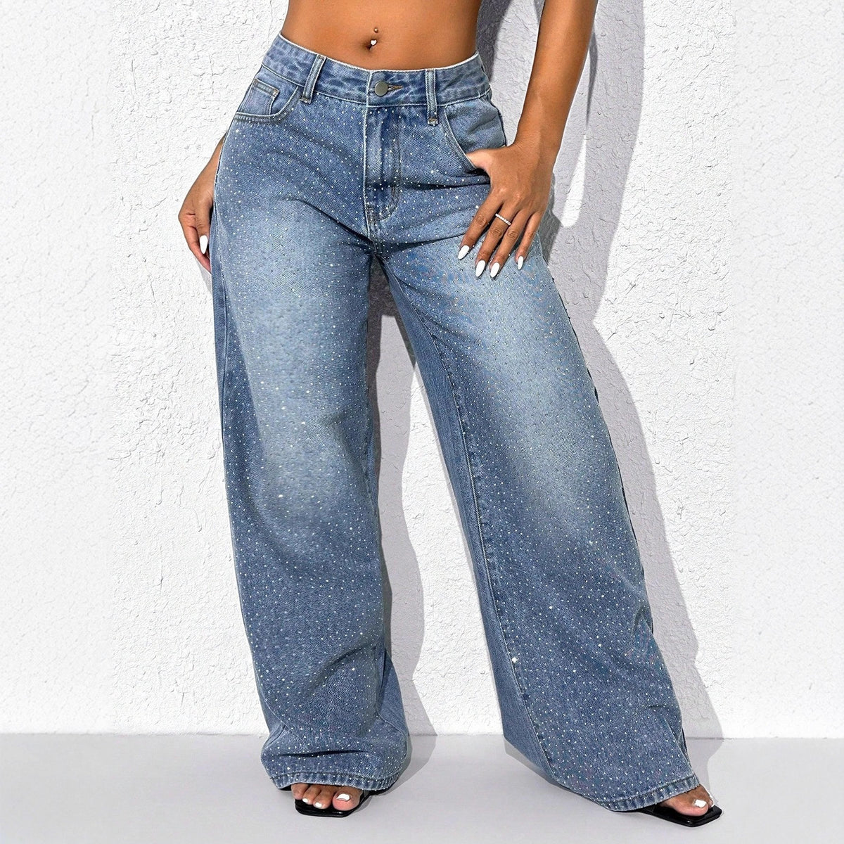 Vaquero Largo Recto Holgado Cintura Alta Strass Denim Lavado Street Fashion Mujer
