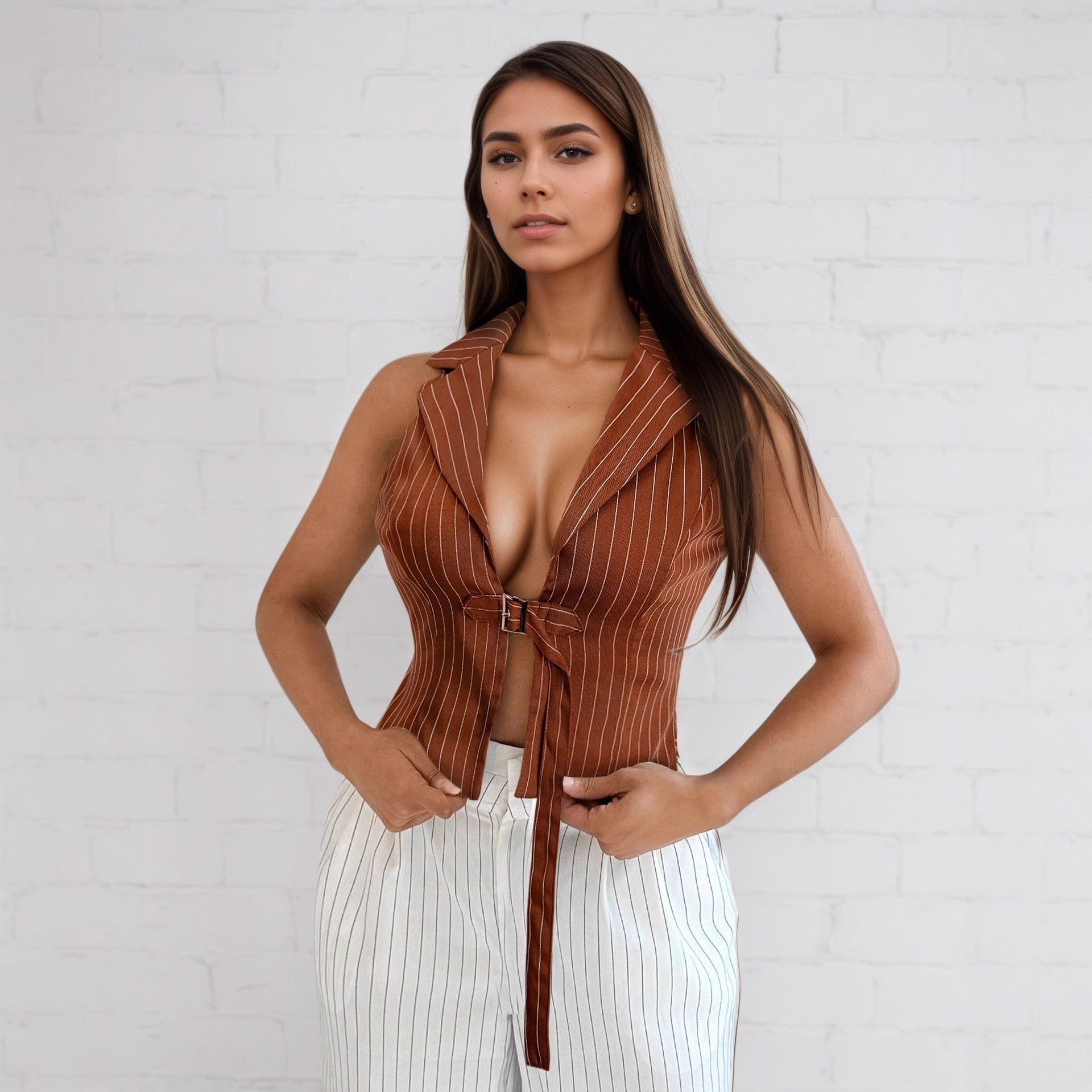 Waist tie and neck hanging polo collar top