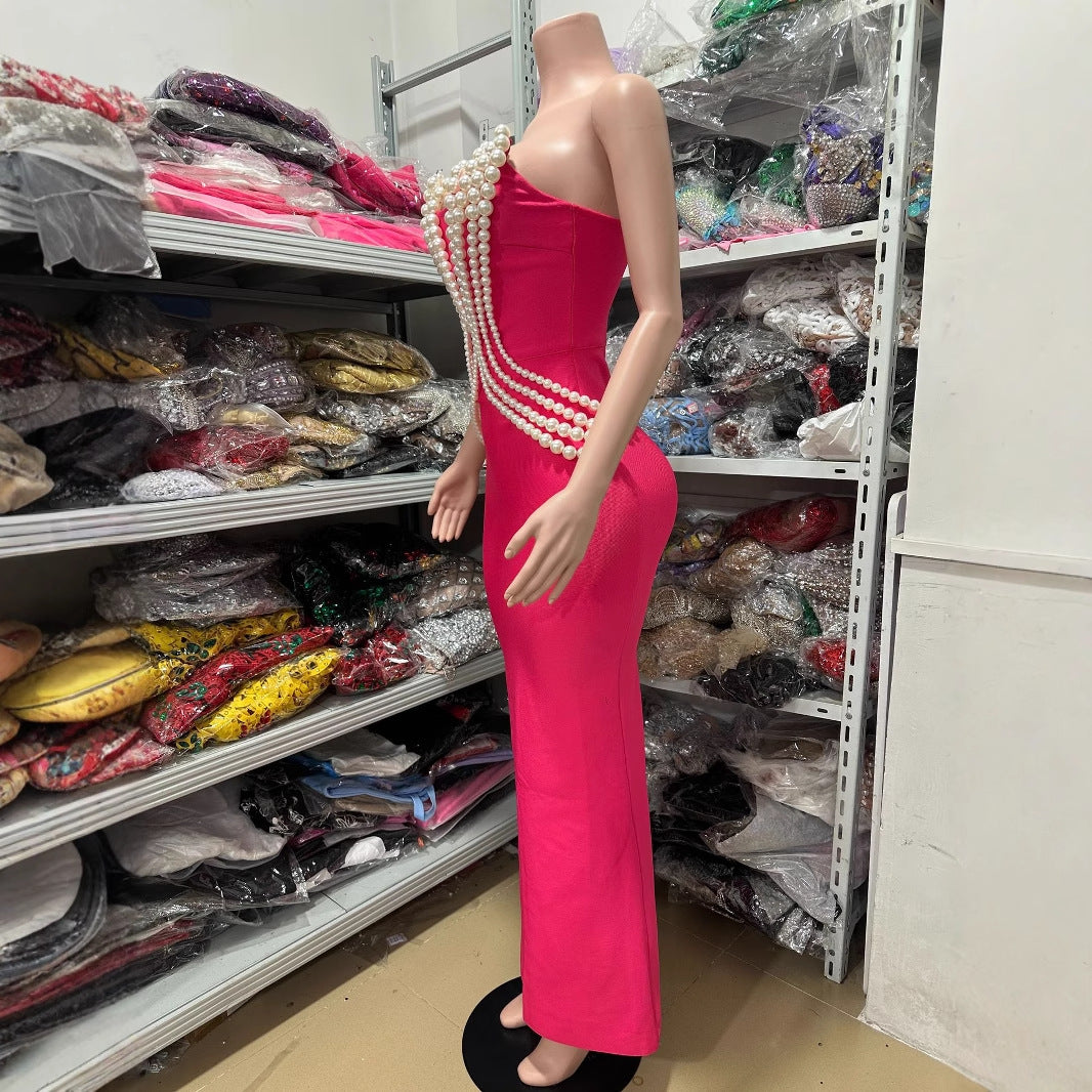 Vestido de Lujo con Lentejuelas Tipo Vendaje para Pasarela de Moda, Celebridades, Banquetes, Club y Exportación, Vestido de Noche