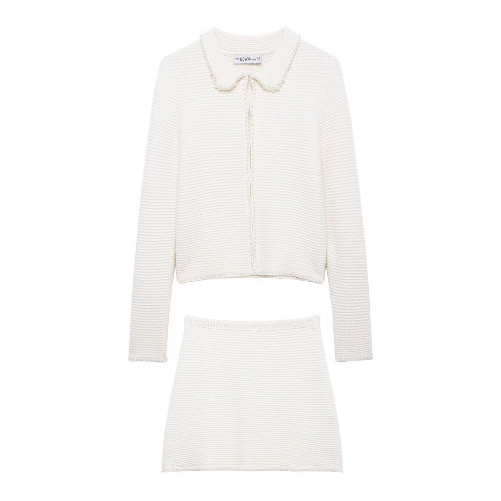 Conjunto Dos Piezas Chaqueta Punto Perlas Cuello Vuelto Mini Falda Poliéster Chic Casual Mujer Blanco