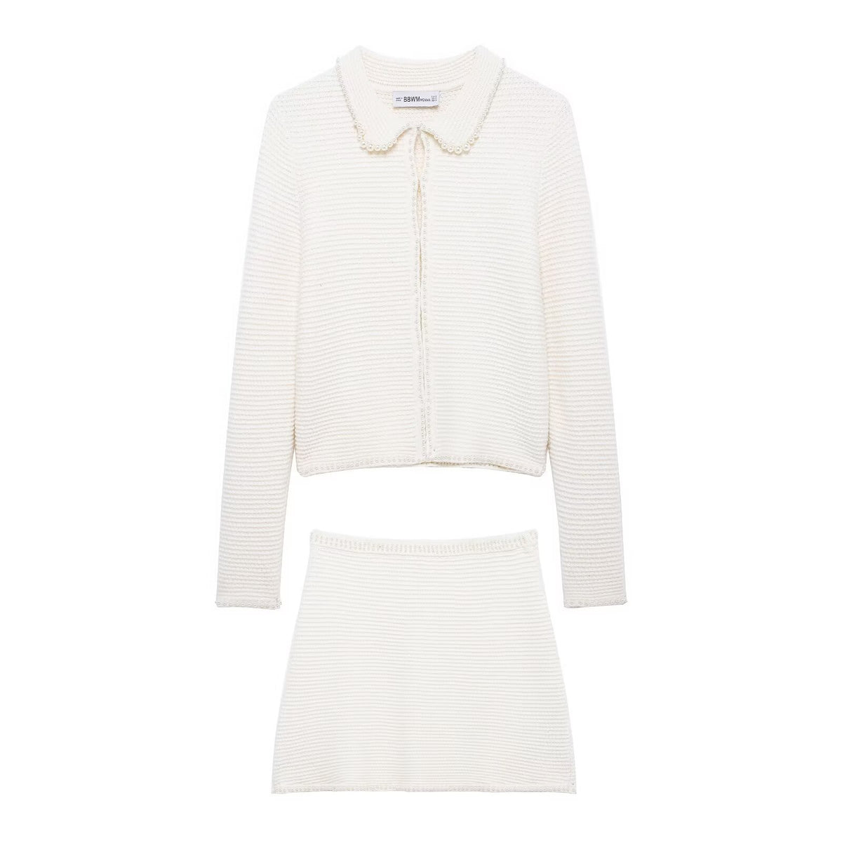 Conjunto Dos Piezas Chaqueta Punto Perlas Cuello Vuelto Mini Falda Poliéster Chic Casual Mujer Blanco