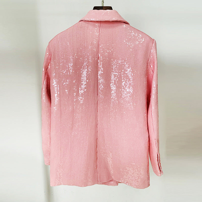 Blazer Doble Botonadura Lentejuelas Brillantes Manga Larga Oversized Fiesta Club Lujo Mujer Rosa