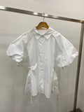 Camisa Cuello Polo Manga Farol Cintura Ceñida Estilo Coreano Mujer