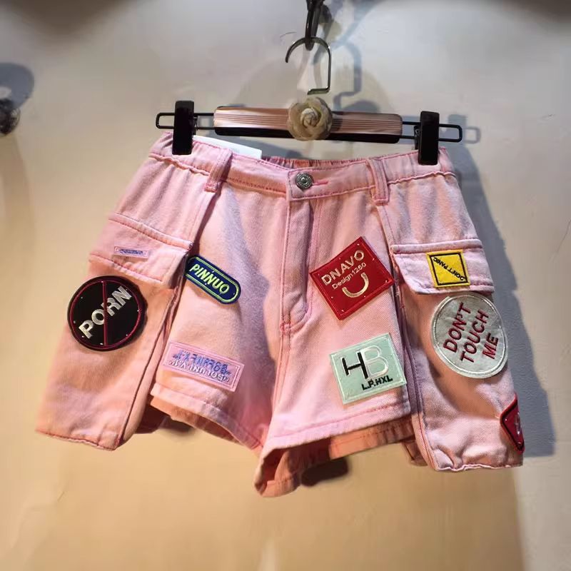 Shorts vaqueros cargo de cintura alta para mujer con parche bordado