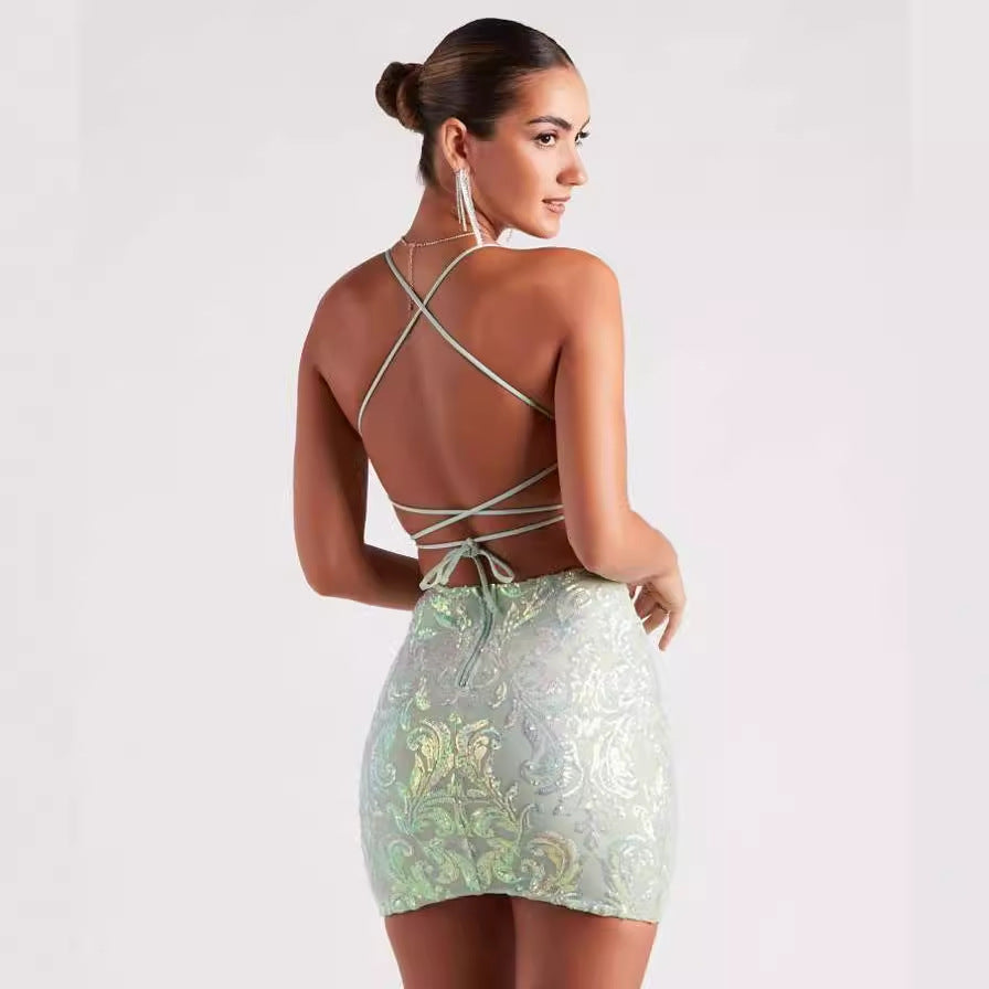Women's Sequin Strap Beaded Sexy Fitted Bodycon Dress