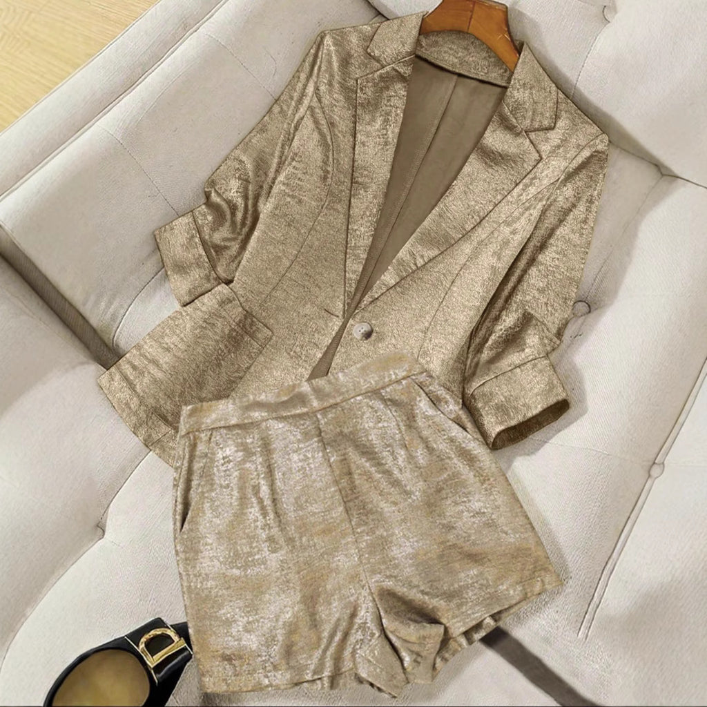 Conjunto Dos Piezas Blazer Manga Larga Antiarrugas Pantalón Tres Cuartos Bolsillos Poliéster Spandex Trendy Mujer Dorado
