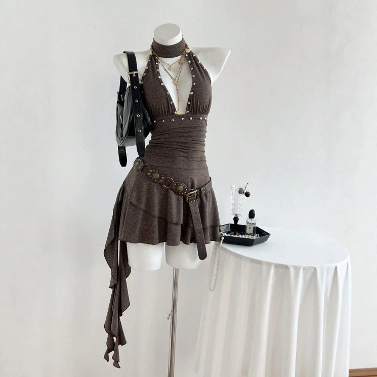 Hanging neck sleeveless nail bead dress