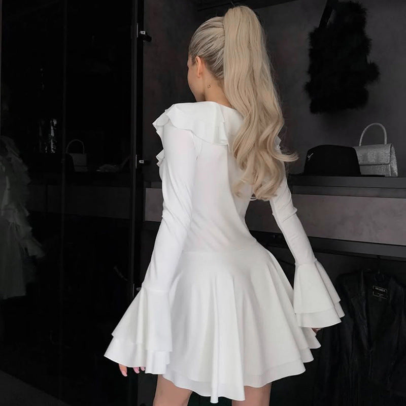 Women's Summer New Leaf Edge Pointed Collar Tied Rope Bell Sleeve Dress