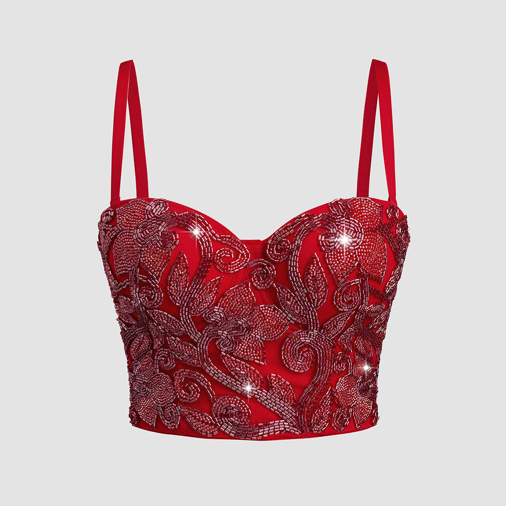 Top Strapless Lentejuelas Bordadas Varillas Sujeción Estilo Celebrity Mujer