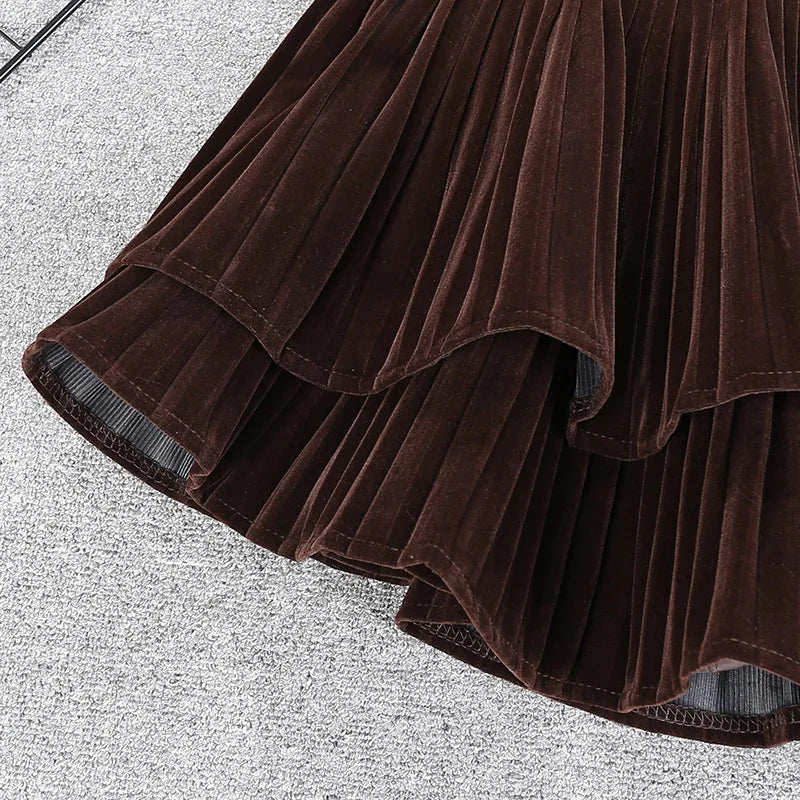 Velvet Tiered Mini Skirt  Low-Rise Ruffled Pleated Short Skirt in Brown Black Autumn Winter Vintage Outfit