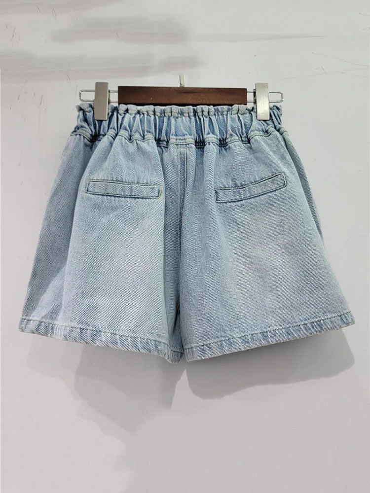 Denim shorts with Flower set with diamonds details elastic high waist loose fit and slimming effect