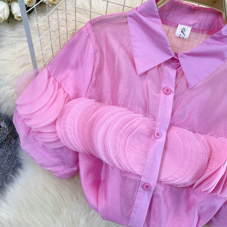 Camisa Gasa Pétalos Patchwork Manga Abullonada Transparente Mujer
