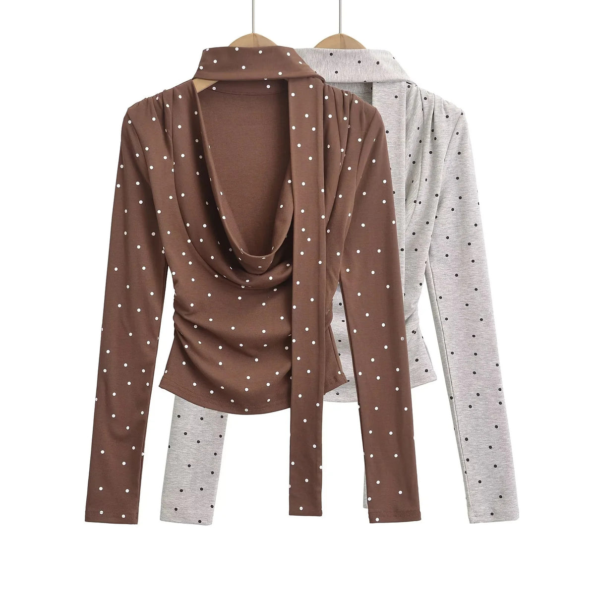 Blusa Manga Larga Lunares Cuello Lazo Slim Mujer
