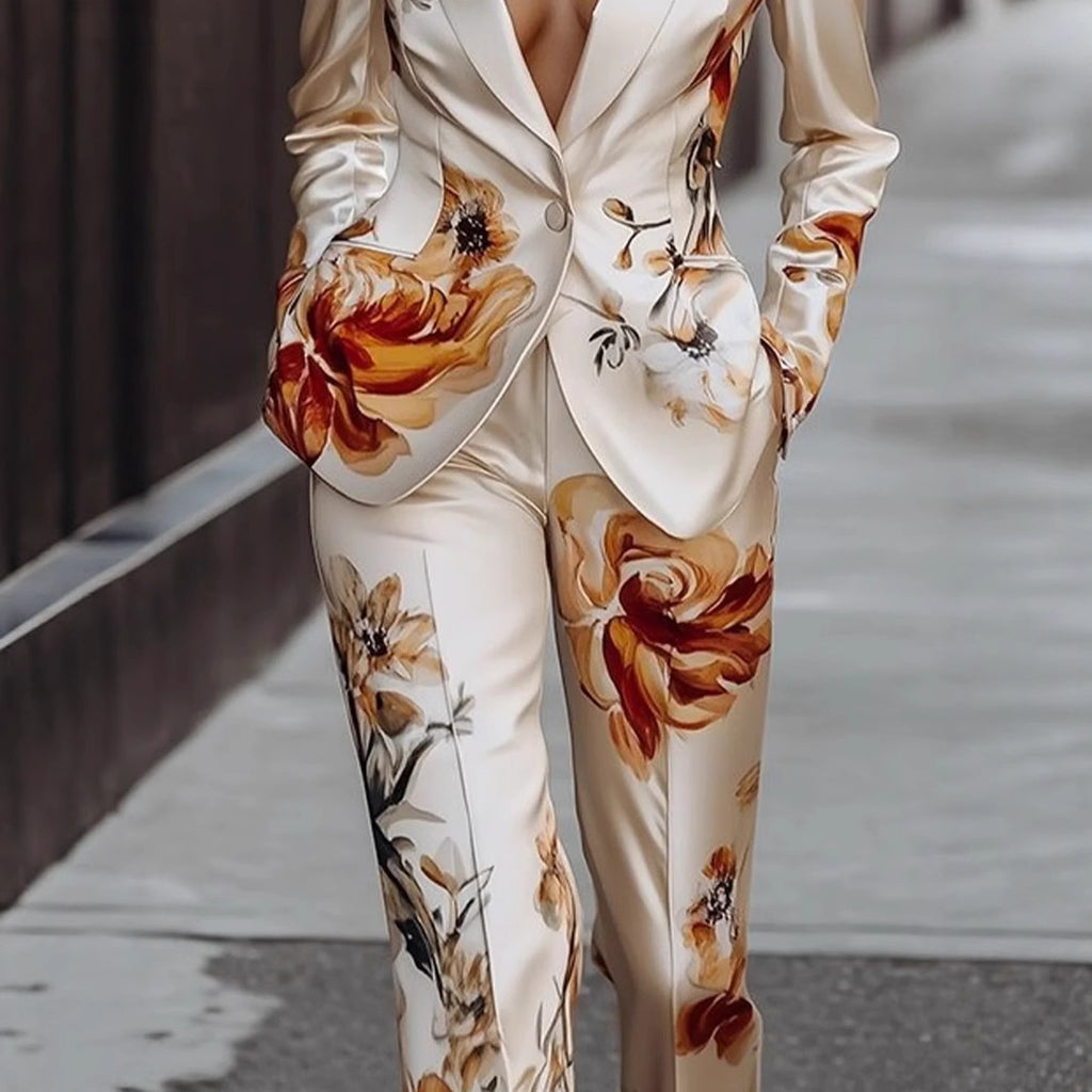 Conjunto Dos Piezas Blazer Satén Estampado Manga Larga Pantalón Largo Elegante Estilo Europeo Mujer