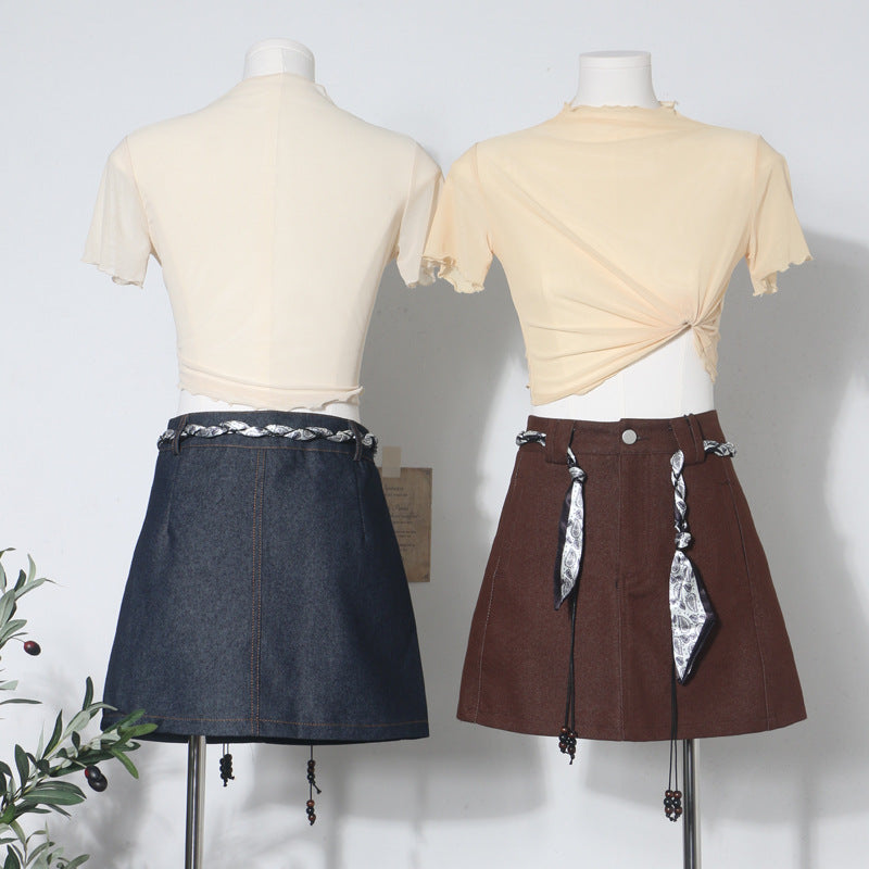 Silk scarf strap belt, high waist slimming denim skirt