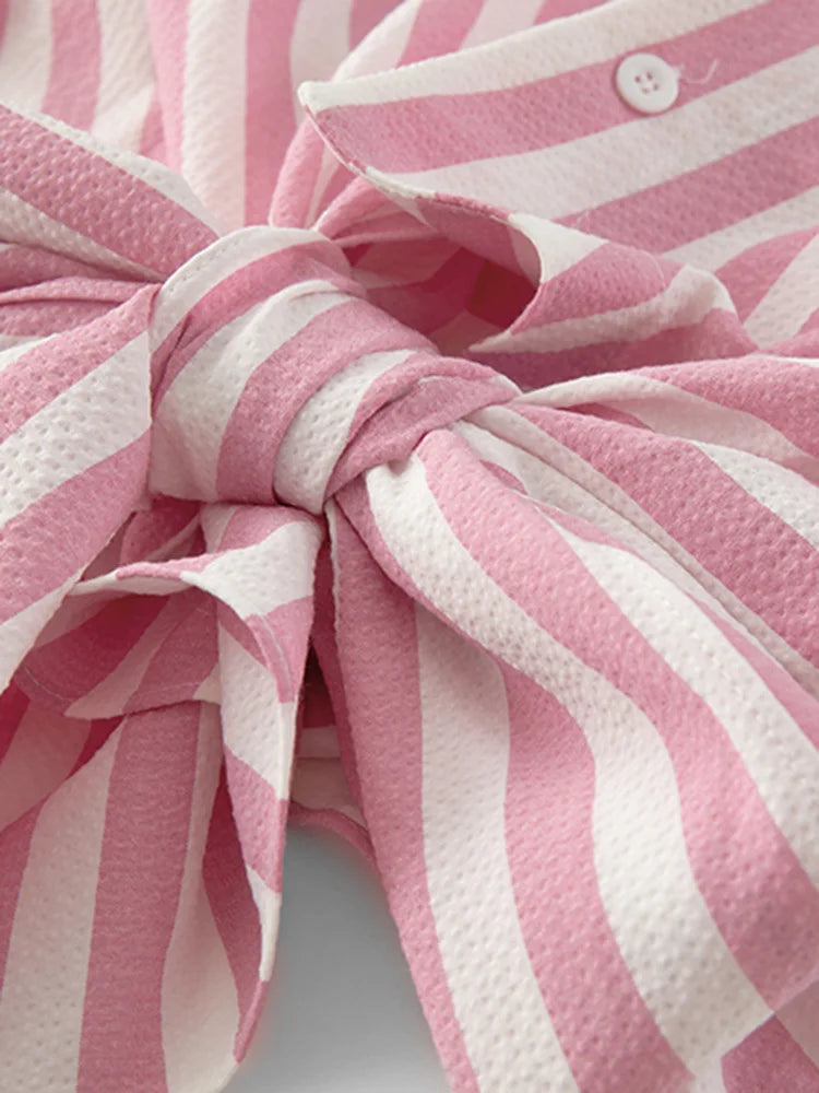 Women pink Color Striped Bow Casual Blouse New Lapel Long Sleeve Loose Fit Shirt Fashion Tide Spring Autumn