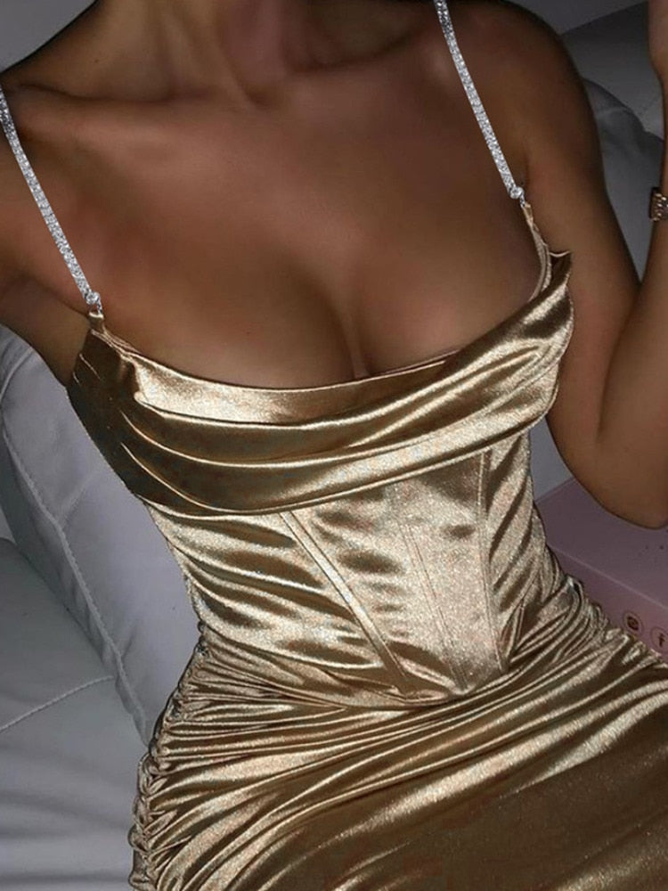 Vestido Mini Sin Mangas Espalda Descubierta Cadena Diamantes Cremallera Fiesta Mujer