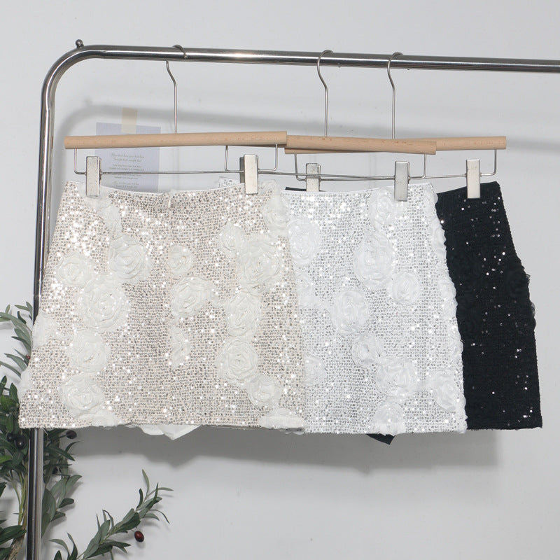 Three dimensional flower composite sequin wrapped hip skirt