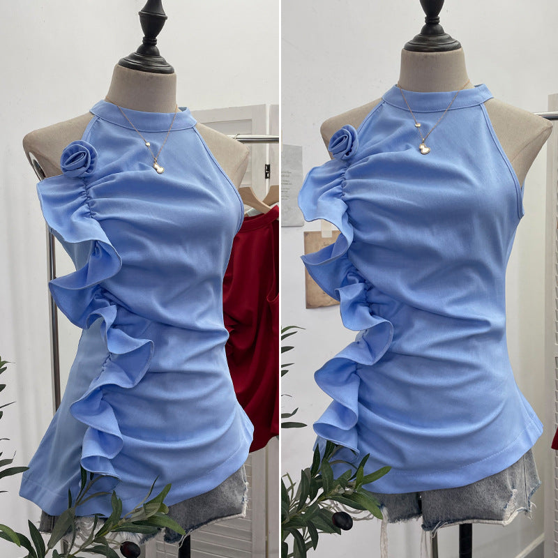 Sleeveless ruffled three-dimensional flower top