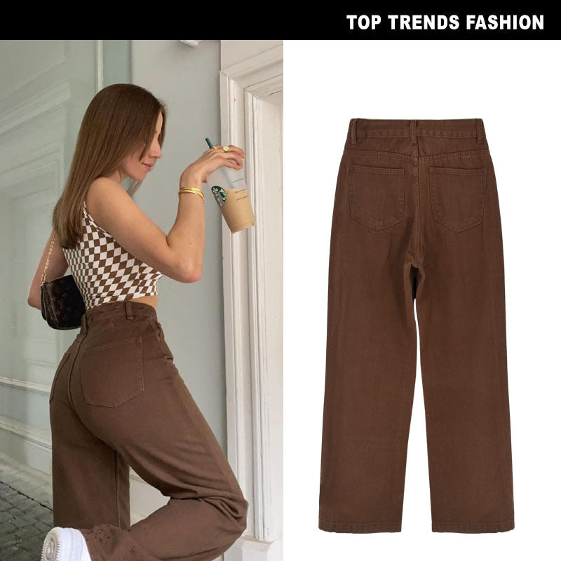Women's High Waist Straight Loose Brown Denim Trousers Drape Chocolate Street Hot Girl Sneakers