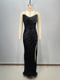 Vestido Largo Poliéster Sin Tirantes Halter Lentejuelas Escote V Sin Mangas Ajustado Elegante Fiesta Noche Mujer Negro