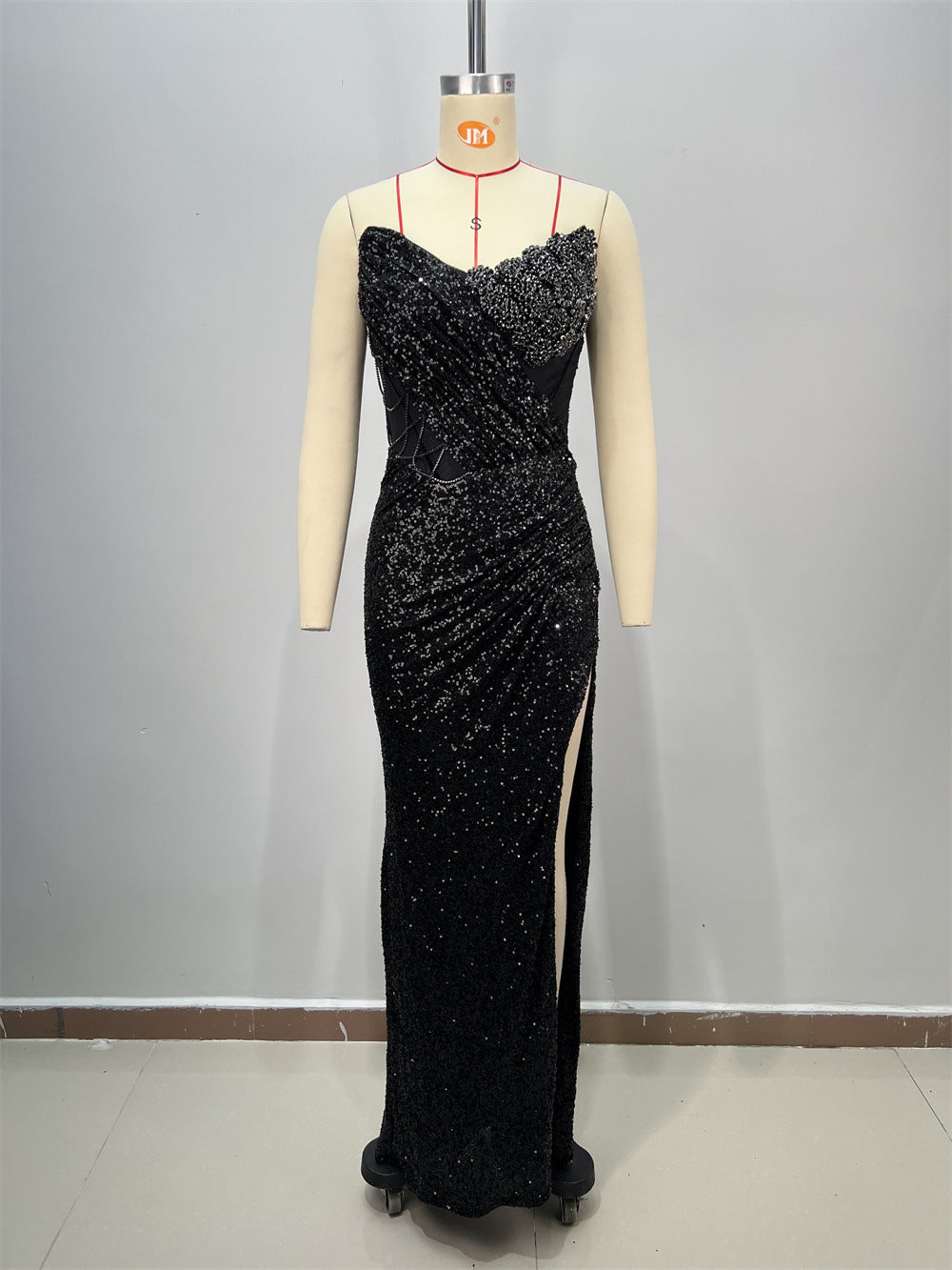 Vestido Largo Poliéster Sin Tirantes Halter Lentejuelas Escote V Sin Mangas Ajustado Elegante Fiesta Noche Mujer Negro