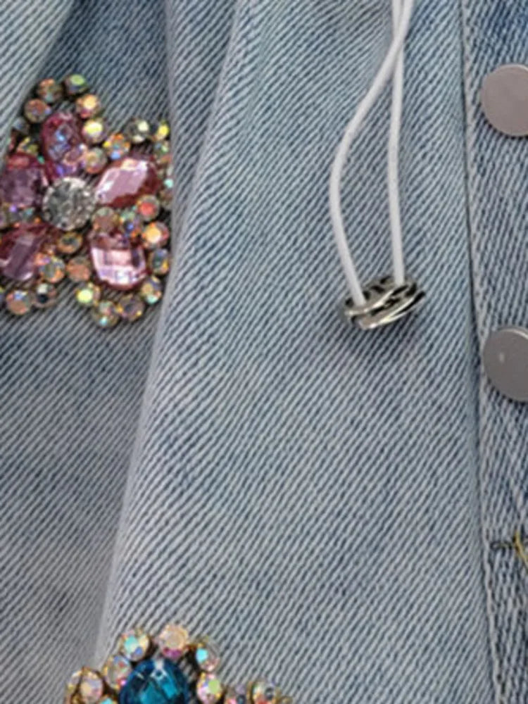 Denim shorts with Flower set with diamonds details elastic high waist loose fit and slimming effect