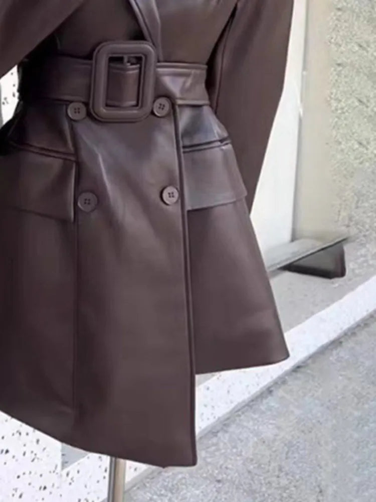 Chaqueta Cuero Sintético PU Manga Larga Bajo Asimétrico Cinturón Office Lady Mujer Negro Café