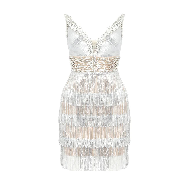 Mini Vestido Plateado Flecos Cuello V Sin Mangas Sexy Lujoso Fiesta Noche Formal Mujer