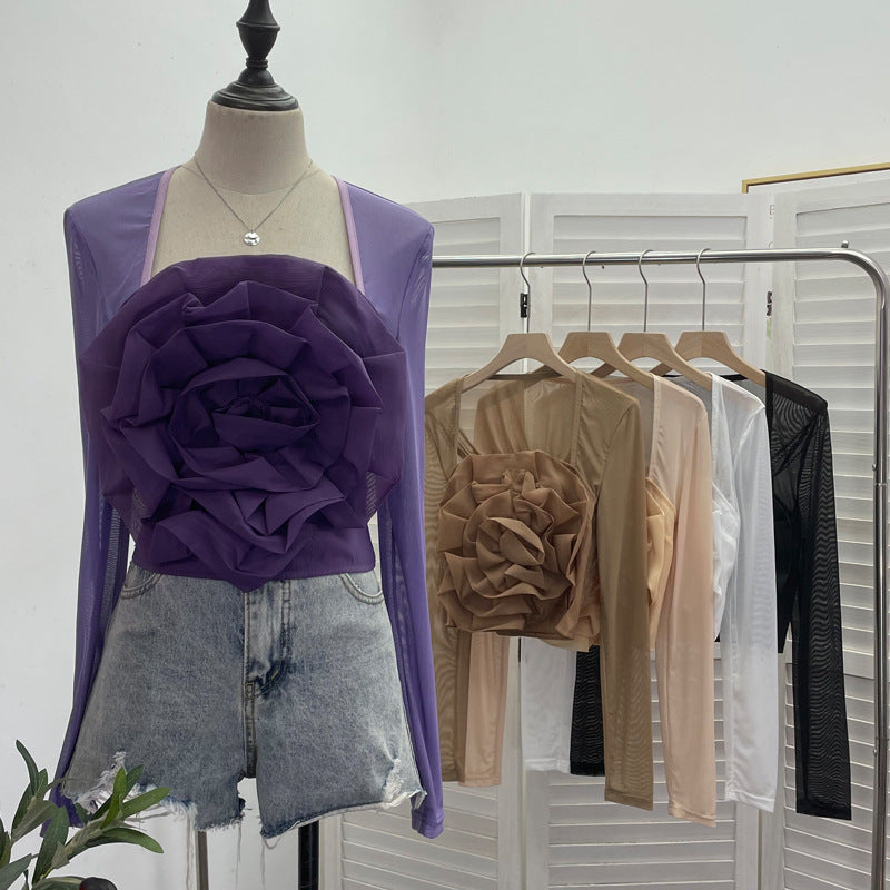 Top Malla Flores 3D Manga Larga Cuello Cuadrado Mujer