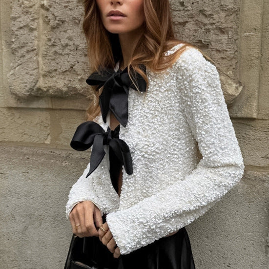 Jacket with Elegant Luxury Embroidered Sequins Round Neck Long Sleeve Short Top Cardigan