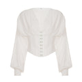 V-neck mesh lantern sleeve waist cinched long sleeved top