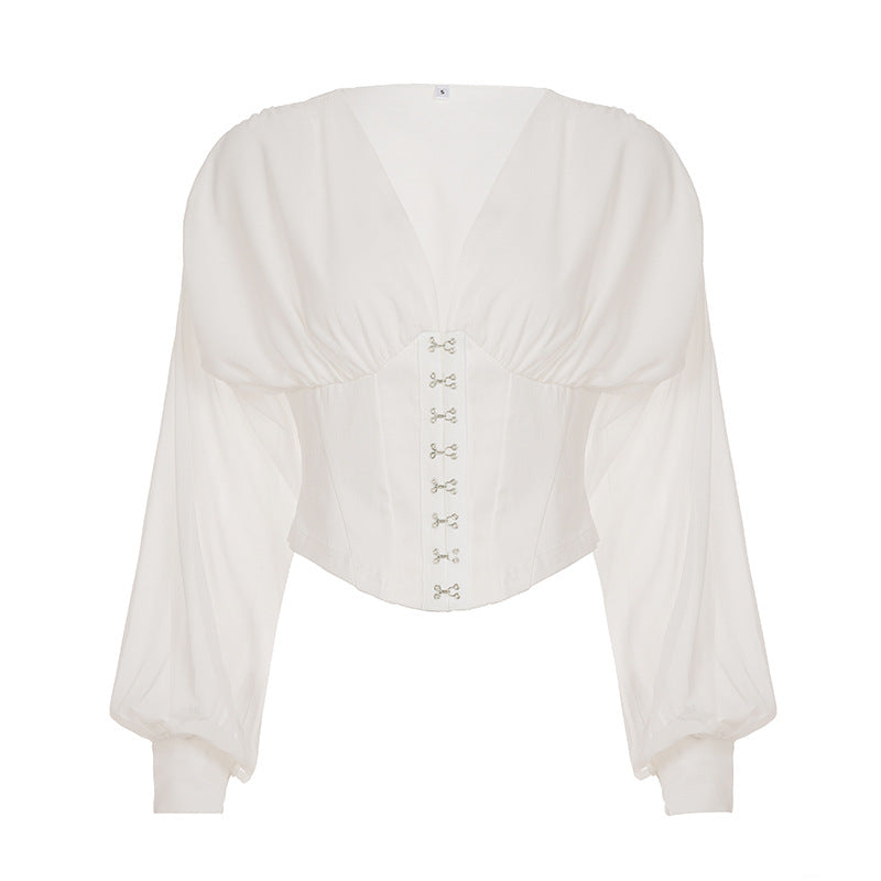 V-neck mesh lantern sleeve waist cinched long sleeved top