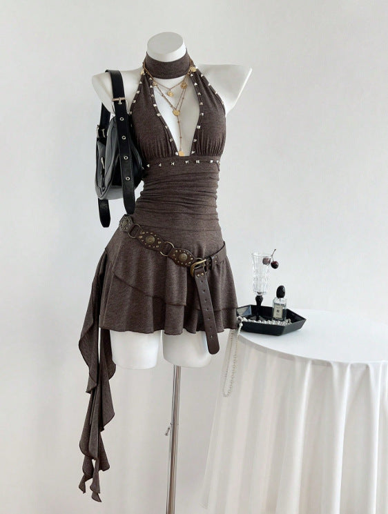 Hanging neck sleeveless nail bead dress