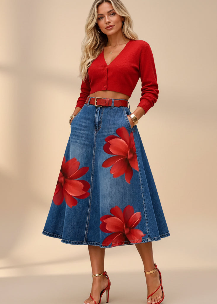 Style Floral Print Washed Denim High Waist Midi Skirt