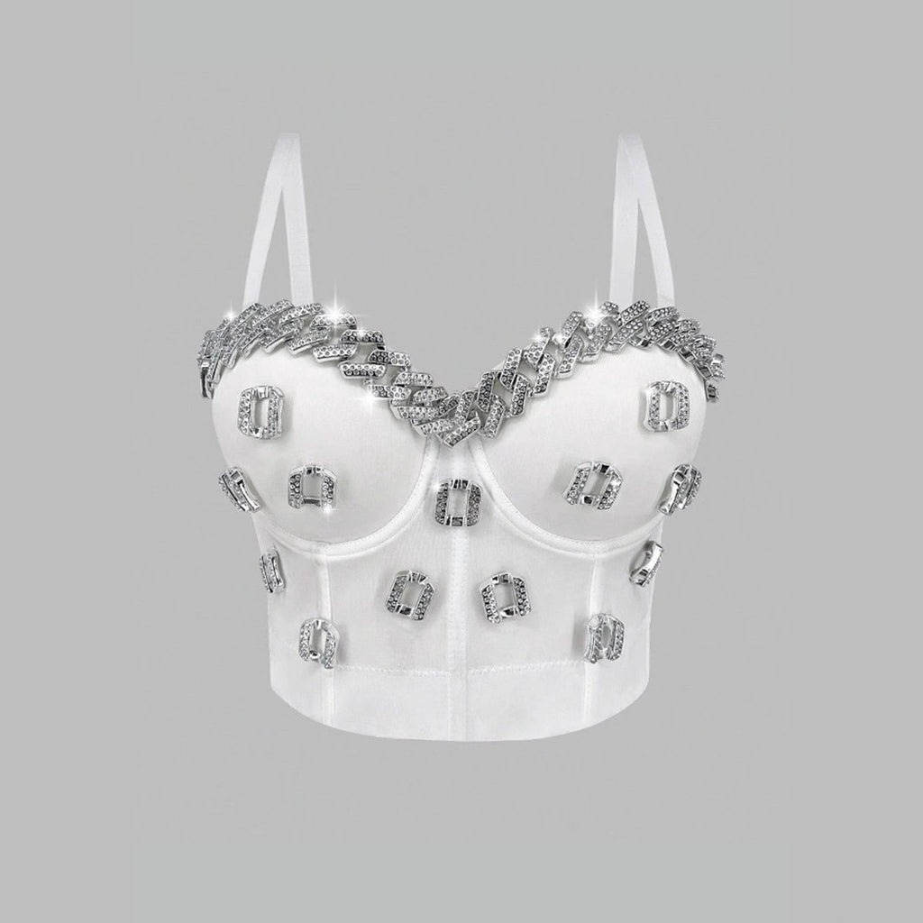White Strapless Camisole Gathered Beaded Rhinestone Bustier Innerwear
