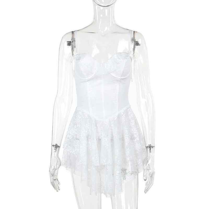 Strap Dress with Lace and Ruffle Design A-Line Dress