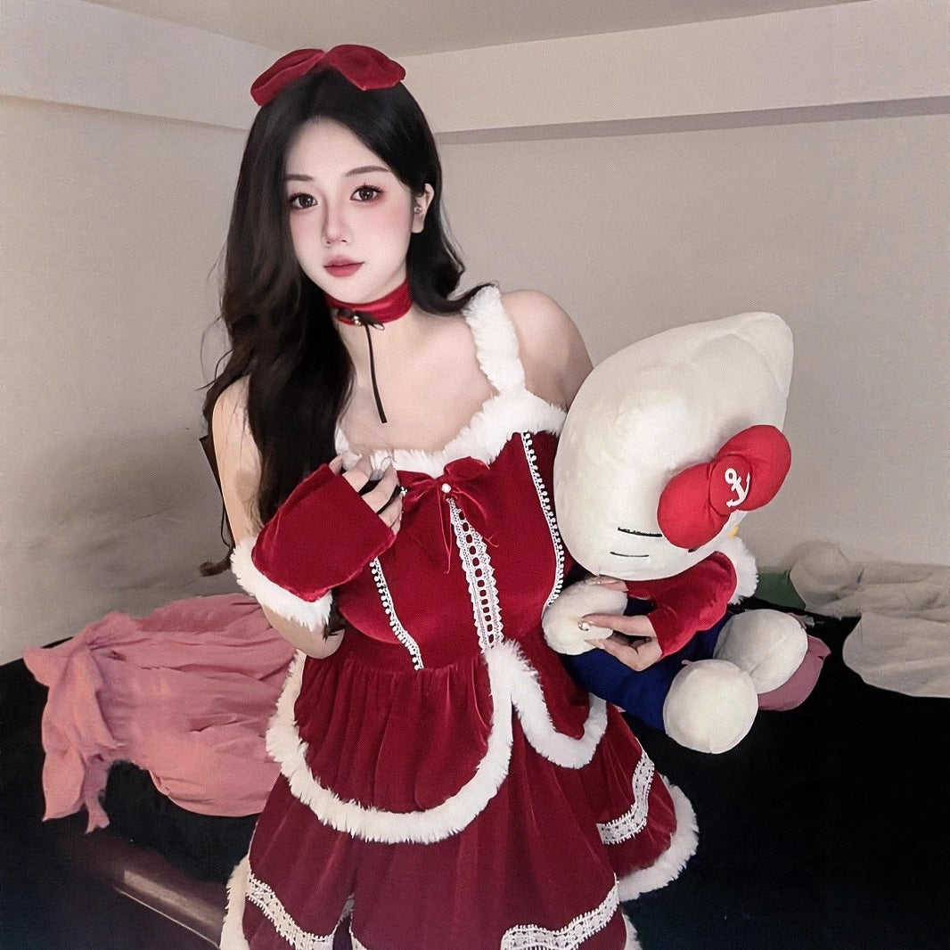 Halloween Red Velvet Sexy Bunny Costume Dress for Cosplay New Year Outfit