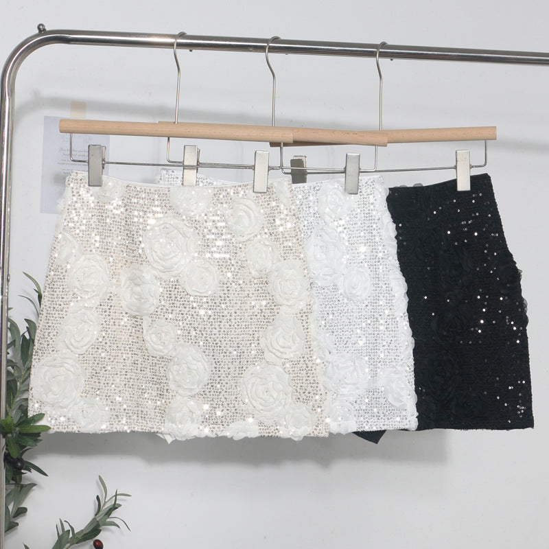 Three dimensional flower composite sequin wrapped hip skirt