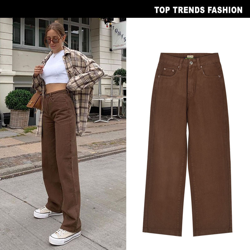 Women's High Waist Straight Loose Brown Denim Trousers Drape Chocolate Street Hot Girl Sneakers