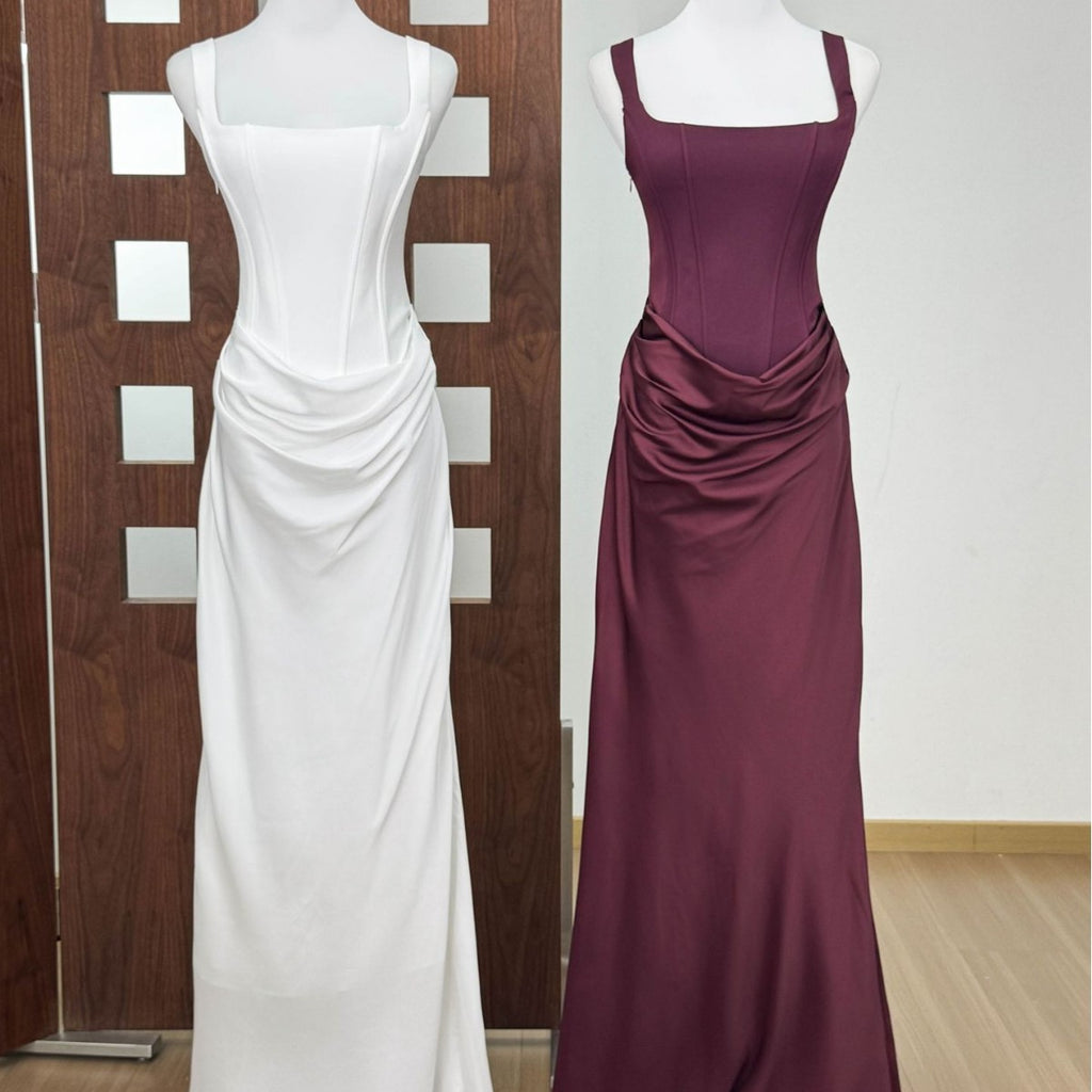 Vestido Largo Satén Sin Tirantes Ballenas Escote V Profundo Cruzado Ajustado Drapeado Elegante Noche Banquete Mujer Blanco Burdeos