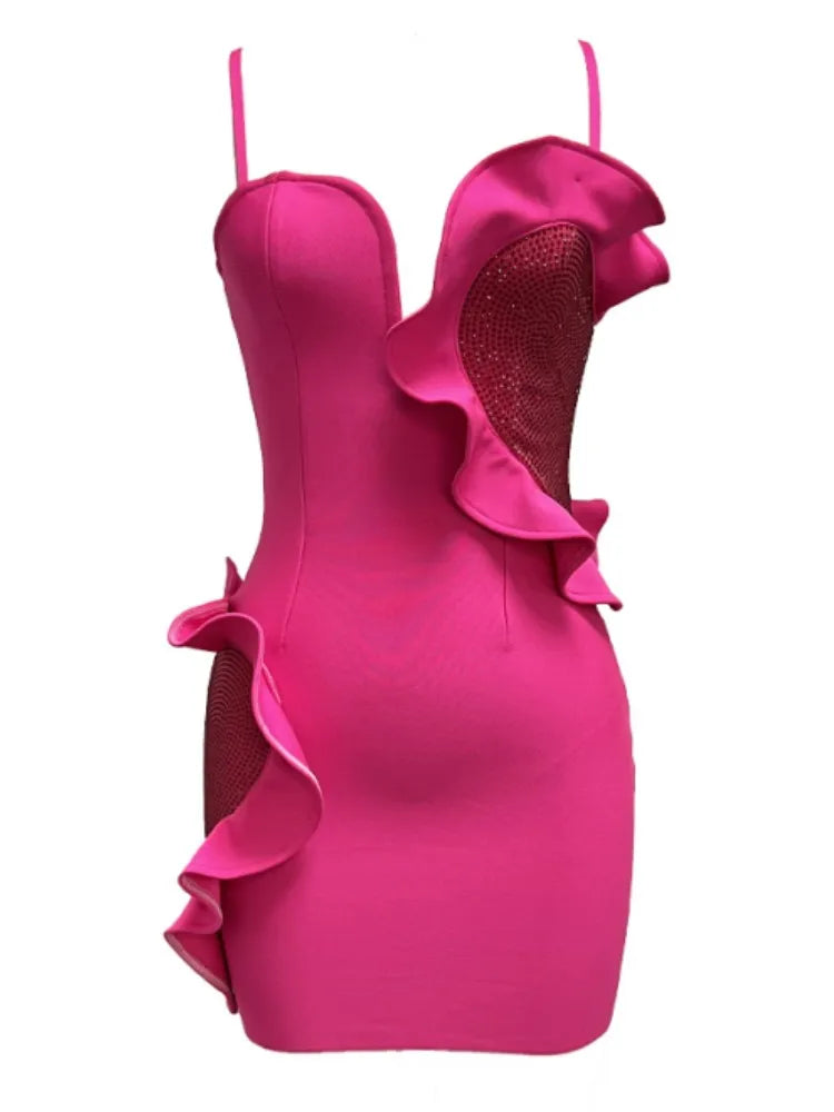 Vestido corto de verano para mujer con volantes sexis, corazón, diamantes de diseño, rosa, elegante para fiesta, club o noche.