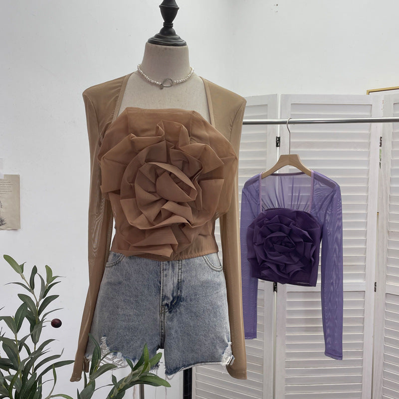 Top Malla Flores 3D Manga Larga Cuello Cuadrado Mujer