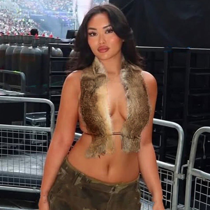 Sexy Open-Back Fuzzy Crop Top with Tie-Up Detail and Revealing Neckline