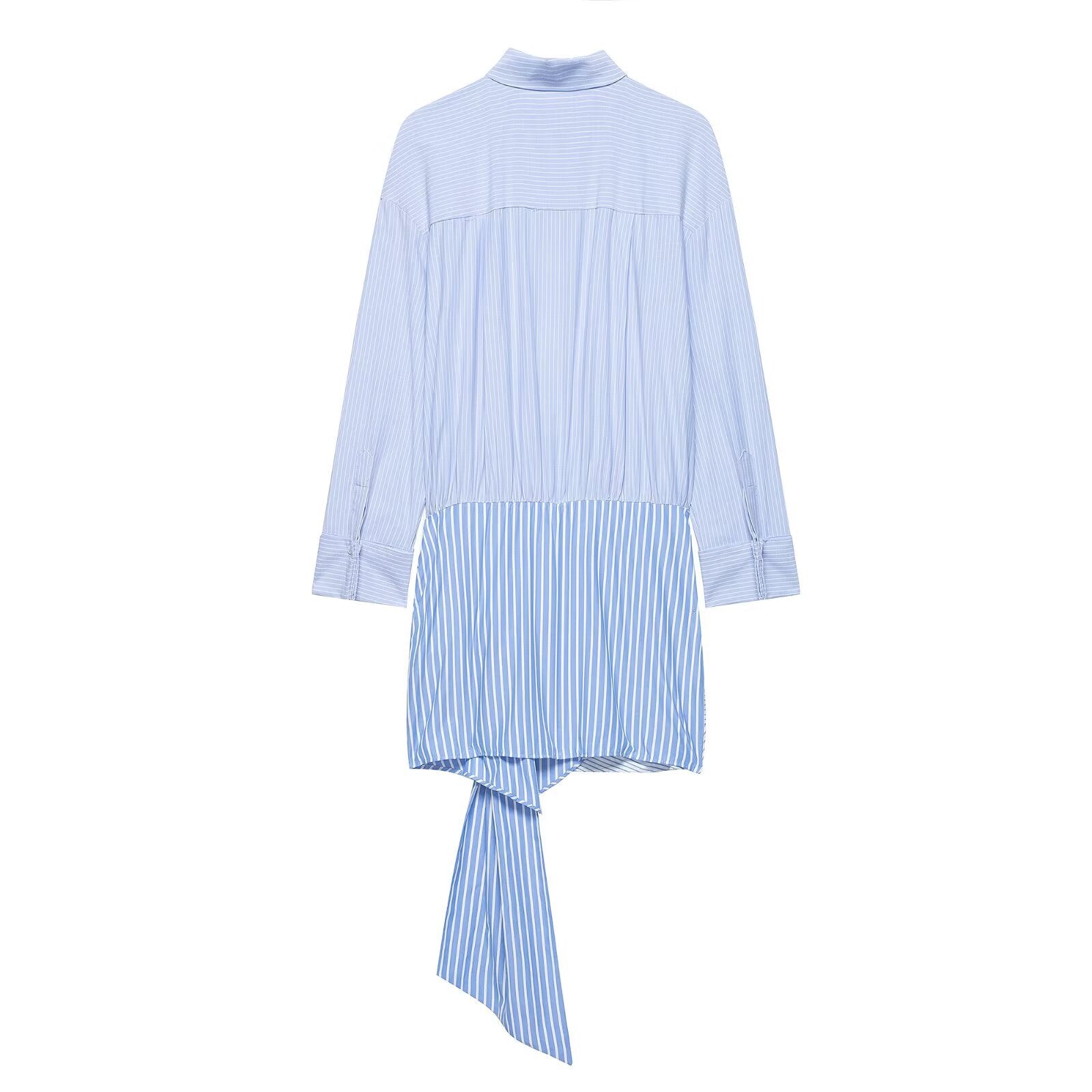 Vestido Camisero Azul Fruncido con Manga Larga Elegante
