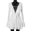 Women's Summer New Leaf Edge Pointed Collar Tied Rope Bell Sleeve Dress