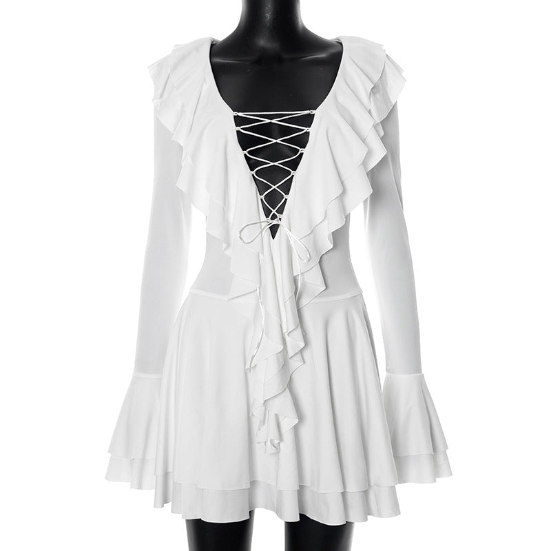Women's Summer New Leaf Edge Pointed Collar Tied Rope Bell Sleeve Dress