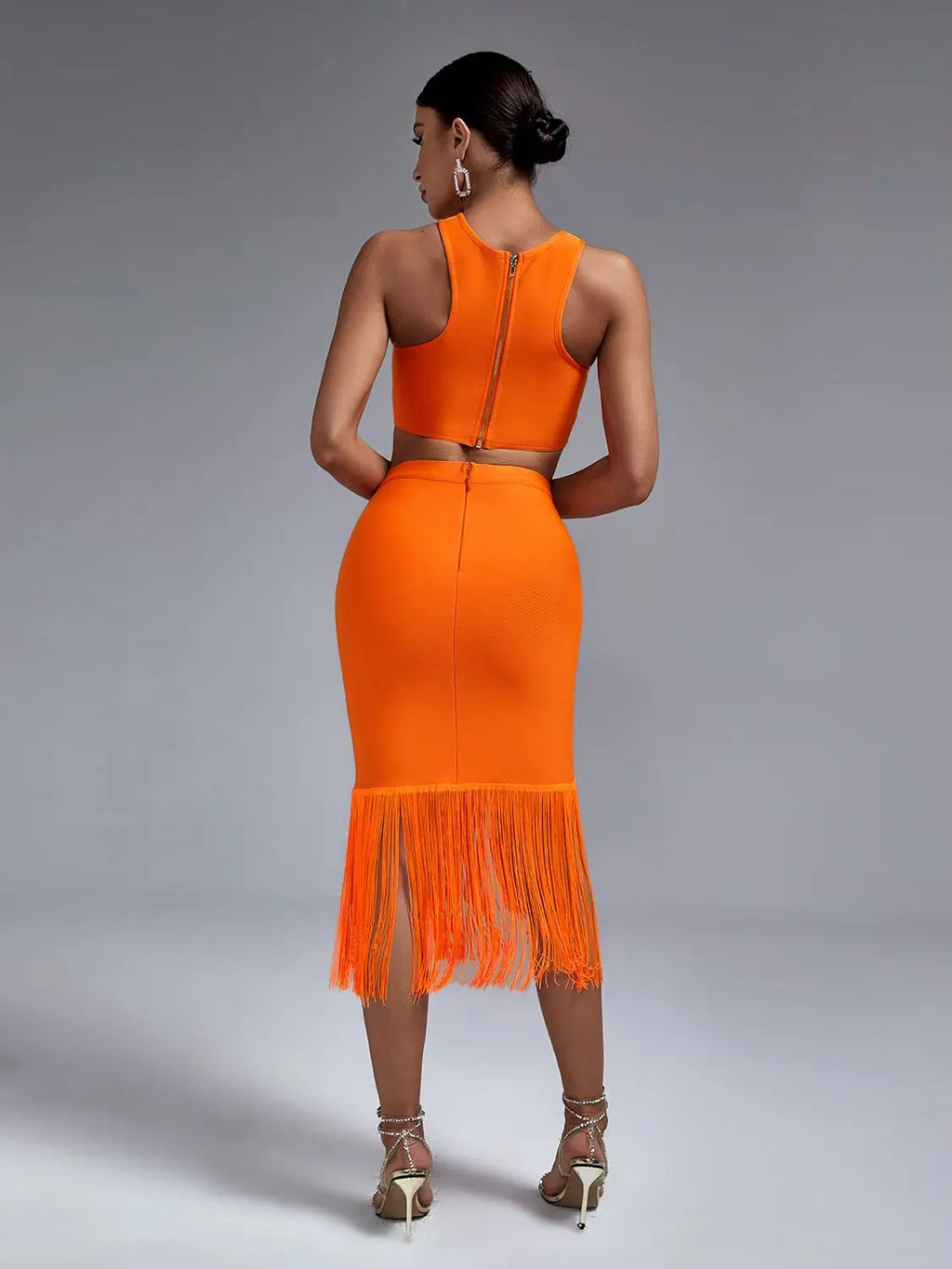 Conjunto de Dos Piezas de Vendaje para Mujer: Top y Falda Elegante, Sexy, con Flecos en Naranja